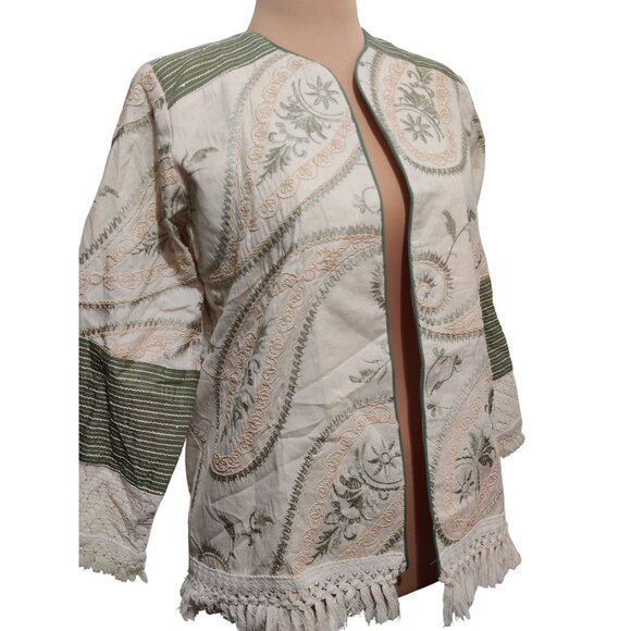 Womens L Jacket Boho Embroidered Fringe Cream Green Open Front Folk Artisan Indi - Picture 2 of 12